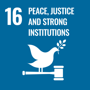 United Nations Sustainable Development Goal 16 icon showing a white dove holding an olive branch above a gavel on a blue background, representing Peace, Justice and Strong Institutions.